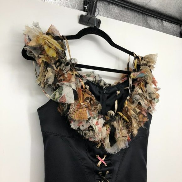 Just Cavalli Roberto black silk corset off shoulder Boa Scarf ruffle  neck Dress - Picture 9 of 13